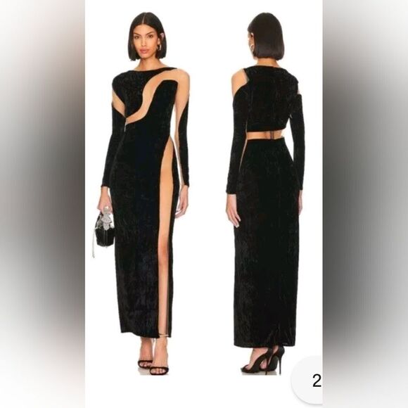 NBD Fareena Long Sleeve Mesh Sheer Formal Black Velvet Maxi Dress Sz XS NWT $238 - Picture 2 of 5